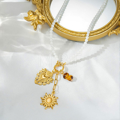 304 Stainless Steel Sacred Heart Sun Pendant White Glass Beaded Necklaces for Women WG88FB4-01-1