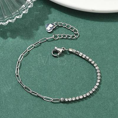 304 Stainless Steel Paperclip Chain & Rhinestone Cup Chains  Bracelets for Women BJEW-D456-06P-1