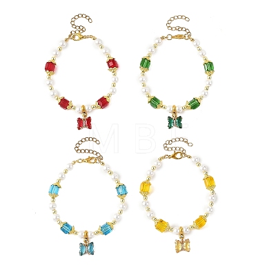 Brass Glass Butterfly Charm Bracelets BJEW-JB14180-1