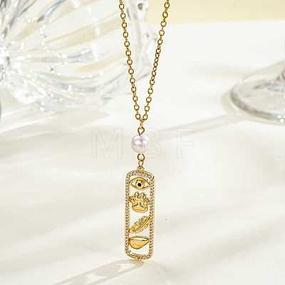 Brass Micro Pave Clear Cubic Zirconia Hollow Rectangle with Evil Eye and Paw Print Pendant Necklaces with Imitaiton Pearl Beads WG253F6-01-1