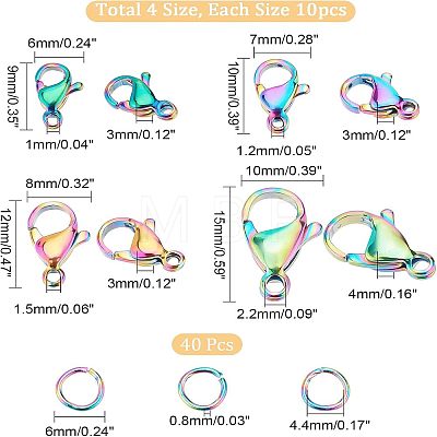  40Pcs 4 Styles Ion Plating(IP) Rainbow Color 304 Stainless Steel Lobster Claw Clasps STAS-NB0001-34-1