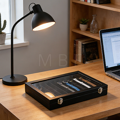 10 Grids Wood Covered with PU Leather Watch Band Organizer Storage Cases with Visible Window Lid CON-WH0112-076-1