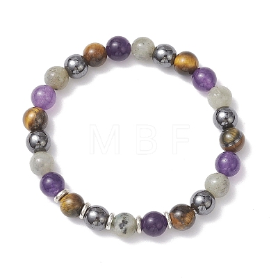 Non-Magnetic Synthetic Hematite & Natural Grade AB Tiger Eye & Labradorite & Quartz Beads Stretch Bracelets for Women BJEW-JB12832-1