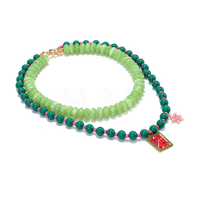 Alloy Enamel Resin Rectangle with Flower Pendant Double Layer Necklaces for Women WGCD407-01-1