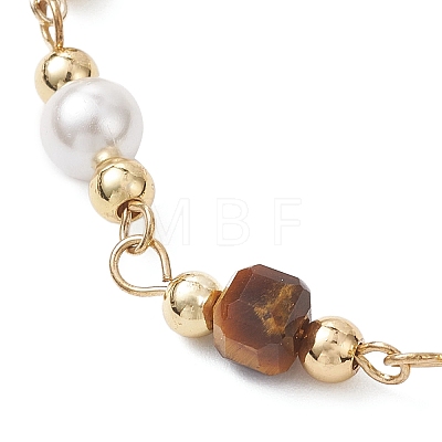 Natural Tiger Eye Cube & Shell Pearl Round Beads Link Bracelets BJEW-JB12907-01-1
