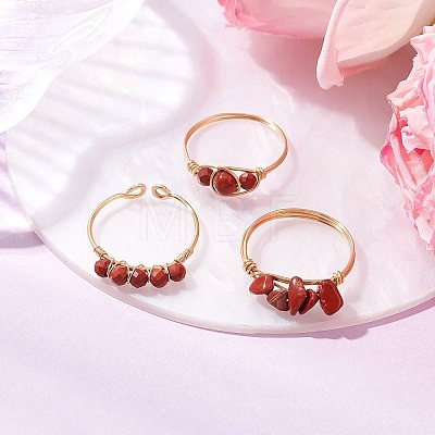 3Pcs Natural Red Jasper Bead Finger Ring RJEW-JR00855-05-1