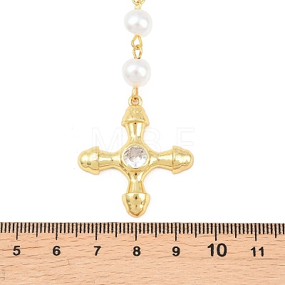 Brass Pave Clear Cubic Zirconia Cross Y Pendant Necklaces with ABS Imitation Pearl Handmade Link Chain NJEW-F364-06G-1