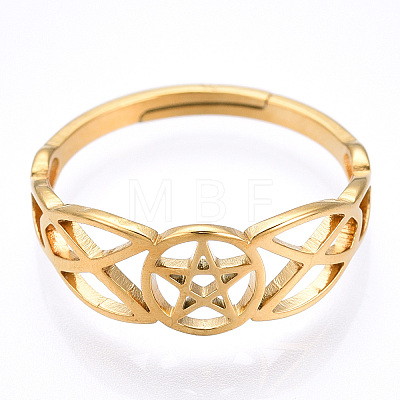 Ion Plating(IP) 304 Stainless Steel Hollow Out Pentagram Adjustable Ring for Women RJEW-T027-12G-1
