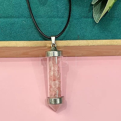 Zinc Alloy with Glass Hexagonal Bottle with Inner Natural Rose Quartz Chips Pendant Black PU Leather Cord Necklaces ZW0534-10-1