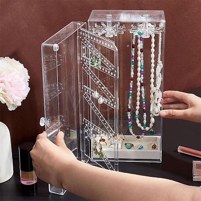 Rectangle Plastic Jewelry Organizer Storage Box with 24 Hooks OBOX-WH0001-06-1