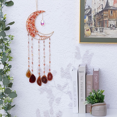 Wire Wrapped Natural Carnelian Chip Moon with Tree of Life Hanging Suncatchers PW-WG88415-01-1