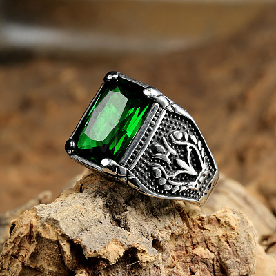 316L Stainless Steel & Cubic Zirconia Men's Vintage Carved Finger Rings FS-WG82D33-16-1