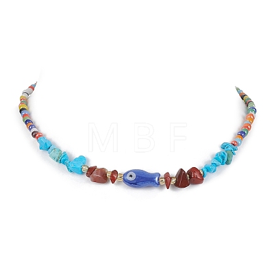 Natural Red Jasper & Howlite Chips & Porcelain Fish Beaded Necklace with Alloy Clasps NJEW-JN04367-1