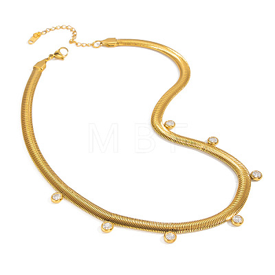 6MM 304 Stainless Steel Flat Snake Chain Necklaces with Clear Cubic Zirconia Tassel for Women AU3115-1