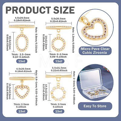 4Sets 4 Styles Brass Micro Pave Clear Cubic Zirconia Toggle Clasps KK-TA0008-81-1
