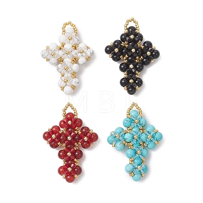 Natural & Synthetic Gemstone Round Beads & Glass Seed Beaded Cross Pendants PALLOY-MZ01151-1