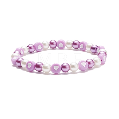 Acrylic Heart & Glass Pearl Beaded Stretch Bracelet for Women BJEW-JB08393-1