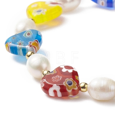 Millefiori Glass Heart & Natural Pearl Beaded Stretch Bracelet for Women BJEW-JB09139-1