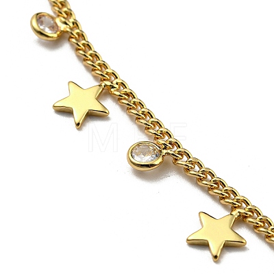 Brass Star & Glass Flat Round Charm Bracelets with Curb Chains NJEW-R263-25G-1