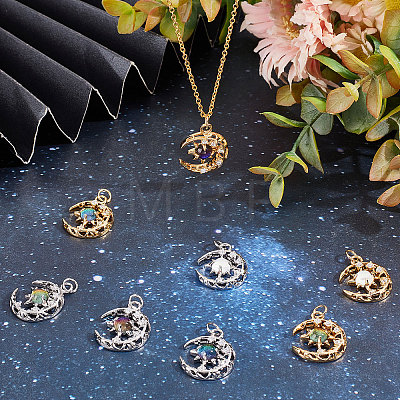 8Pcs 8 Colors Brass Micro Pave Clear Cubic Zirconia Glass Pendants KK-BBC0003-79-1