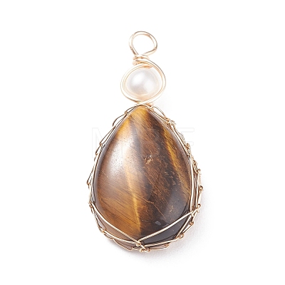 Natural Tiger Eye Copper Wire Wrapped Pendants PALLOY-JF01398-02-1