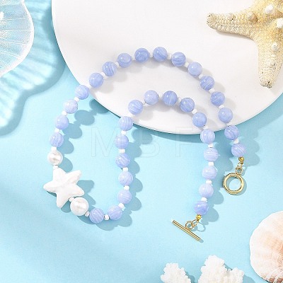 Ocean Handmade Porcelain Starfish & Natural Dyed Blue Lace Agate Round Beaded Necklaces with Brass OT Clasps for Women NJEW-JN06525-1