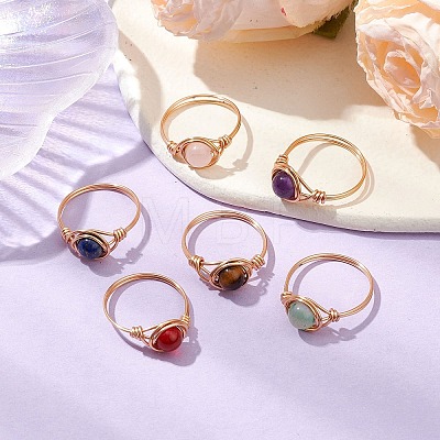 Round Natural Amethyst/Green Aventurine/Carnelian/Rose Quartz/Tiger Eye/Lapis Lazuli Braided Finger Ring RJEW-JR00743-02-1