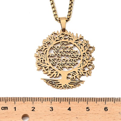 304 Stainless Steel Hollow Tree of Life Pendant Box Chain Necklaces NJEW-M086-04G-1