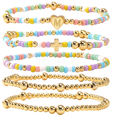 Summer Stainless Steel Heart Alphabet Colorful Glass Seed Beaded Stretch Bracelet Sets JV8929-13-1