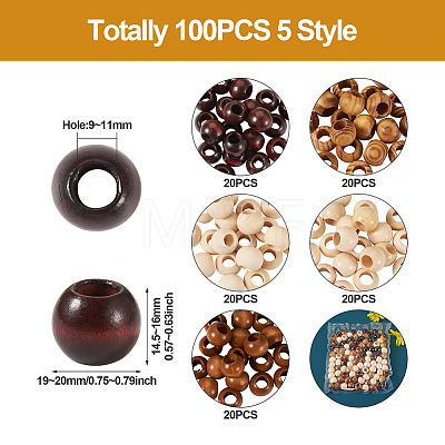 Craftdady 100Pcs 5 Style Pine Wood Beads WOOD-CD0001-17-1