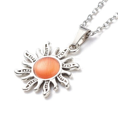 Cat Eye Sun Pendant Necklace with 304 Stainless Steel Cable Chains for Women NJEW-JN03974-1