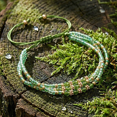Adjustable Glass Seed Bead & Glass & Brass Beads Multi-Strand Bracelets for Women HR1151-2-1