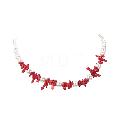 Dyed Synthetic Red Coral Chips & Natural Shell Pearl Graduated Beaded Necklaces for Women NJEW-TA00065-1