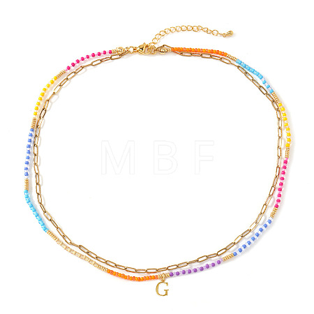 Colorful Glass Seed Beaded Initial Pendant Double Layer Necklaces QS3881-7-1