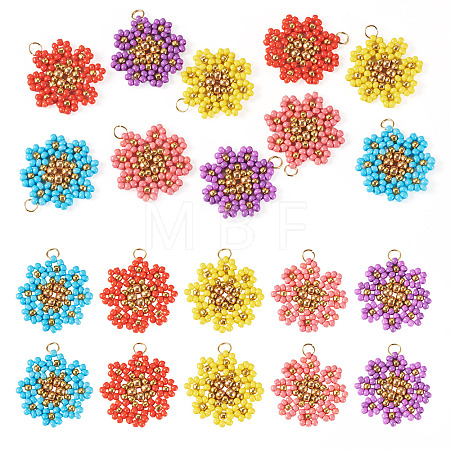 10Pcs 5 Styles Glass Seed Beaded Flower Pendants PALLOY-TA00388-1
