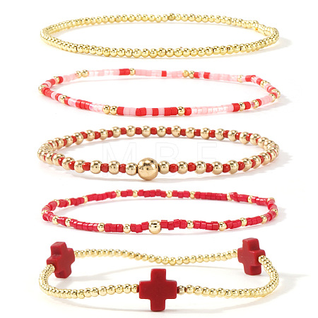 5Pcs 5 Styles Brass & Resin Beads Stretch Bracelets FP8271-2-1