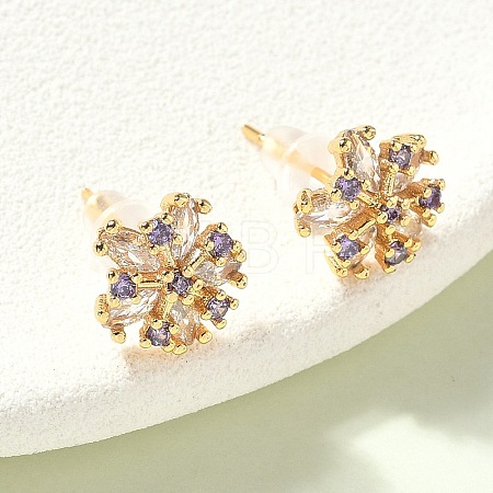 Snowflake Brass Micro Pave Cubic Zirconia Stud Earrings EJEW-Z152-02G-01-1
