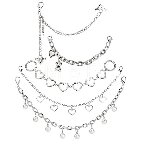 5Pcs 5 Styles Iron & Alloy Charm Shoes Chain with Alloy Clasp and ABS Beads DIY-PH0038-90-1