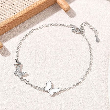 Brass Micro Pave Clear Cubic Zirconia White Butterfly Link Bracelets KK-CBA6980-21P-1
