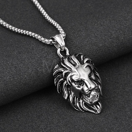 304 Stainless Steel Pave Clear Cubic Zirconia Lion Head Pendant Box Chain Necklaces FS-WG6581A-02-1