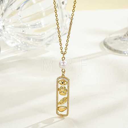 Brass Micro Pave Clear Cubic Zirconia Hollow Rectangle with Evil Eye and Paw Print Pendant Necklaces with Imitaiton Pearl Beads WG253F6-01-1