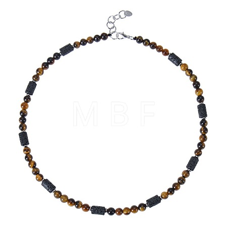 6MM Round Natural Tiger Eye and Column Natural Lava Rock Beaded Necklaces for Women Men LV4865-4-1