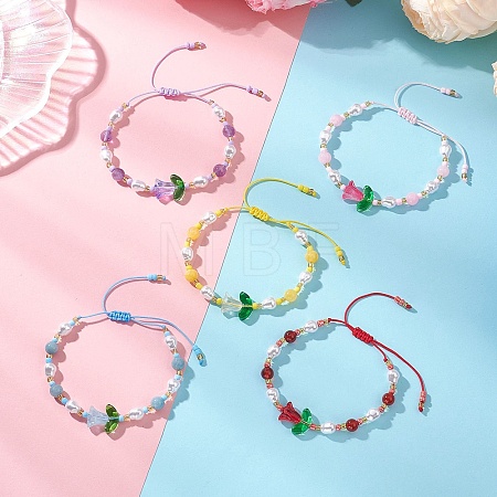 Natural Dyed Yellow Jade & Plastic Imitation Pearl Braided Bead Bracelets for Women BJEW-MZ00308-1