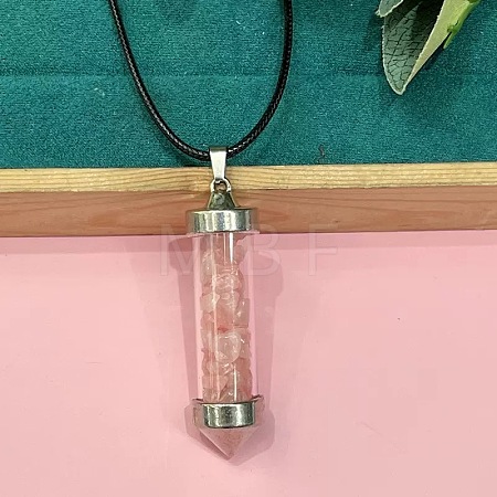Zinc Alloy with Glass Hexagonal Bottle with Inner Natural Rose Quartz Chips Pendant Black PU Leather Cord Necklaces ZW0534-10-1