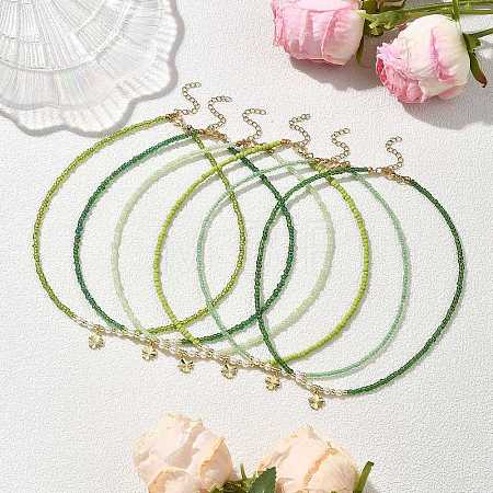 6Pcs 6 Colors Saint Patrick's Day Brass Clover Pendant Glass Seed Beaded Necklaces for Women NJEW-JN05642-1