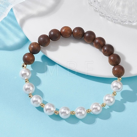 Shell Pearl & Sandalwood Beaded Stretch Bracelets for Women BJEW-TA00728-1