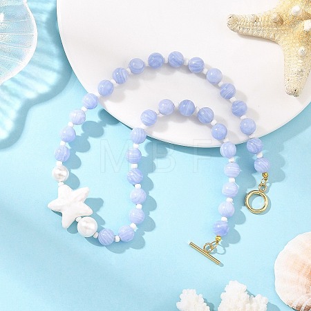 Ocean Handmade Porcelain Starfish & Natural Dyed Blue Lace Agate Round Beaded Necklaces with Brass OT Clasps for Women NJEW-JN06525-1