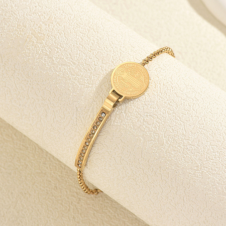 201 Stainless Steel Crystal Rhinestone Arc Bar Saint Benedict Medal Link Bracelets for Women RJ1740-1