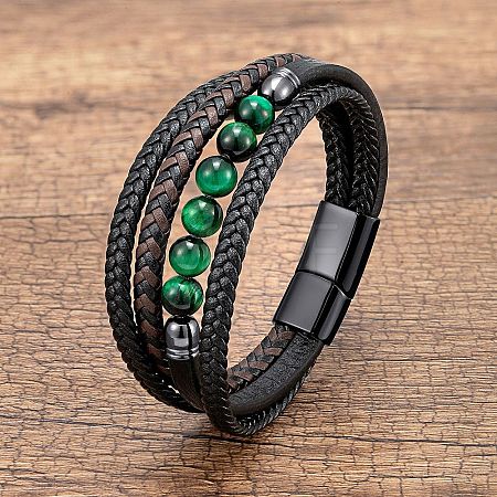 Dyed & Heated Natural Tiger Eye Round Beads & Braided Imitation Leather Cord Bracelets for Men FS-WGCE7B3-09-1