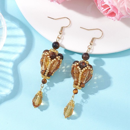 Teardrop Natural Tiger Eye & Glass Beaded Dangle Earrings EJEW-MZ00686-01-1